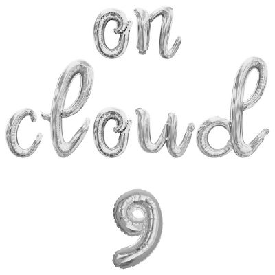 16 Inch Cursive Silver ON CLOUD 9 Letter Balloon Banner Image 1