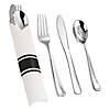 160 Pc. Silver Plastic Cutlery in White Napkin Rolls Set - Napkins, Forks, Knives, Spoons and Paper Rings (40 Guests) Image 1