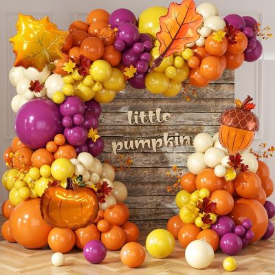163Pcs Fall Orange Balloon Arch Kit with Maple Leaf Foil Balloons Image 1