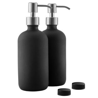 16oz Black Glass Bottles w/ Stainless Steel Pumps (2-Pack); Black Coated Boston Round; Lotion, Hand Care & Soap Dispensers Image 1