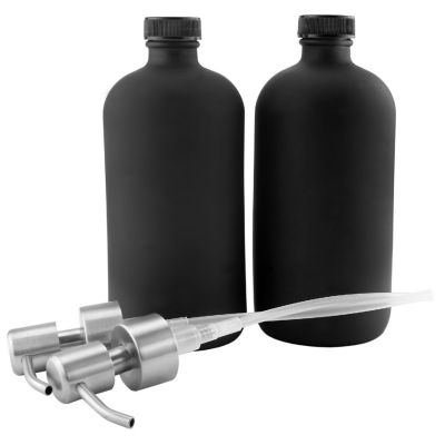 16oz Black Glass Bottles w/ Stainless Steel Pumps (2-Pack); Black Coated Boston Round; Lotion, Hand Care & Soap Dispensers Image 1