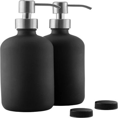 16oz Black Glass Bottles w/ Stainless Steel Pumps (2-Pack); Black Coated Boston Round; Lotion, Hand Care & Soap Dispensers Image 3