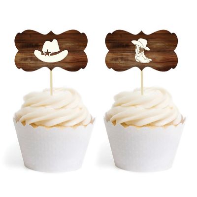 18PK Cowboy Hat Boots Cupcake Toppers Image 1