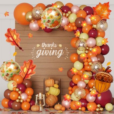 193Pcs Fall Balloons Arch Kit, Maple Leaf Orange Burgundy for Thanksgiving Image 1