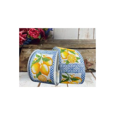 2.5" Blue Tile Squares Lemon Ribbon (10 Yards) Image 1