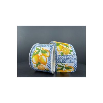 2.5" Blue Tile Squares Lemon Ribbon (10 Yards) Image 2