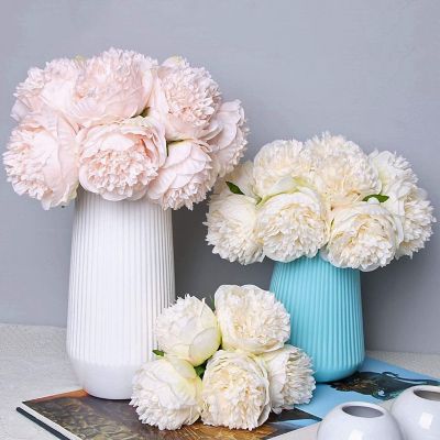 EZFLOWERY Artificial Peony Silk Flower Bouquet - Peach Color, Perfect For Weddings & Decor