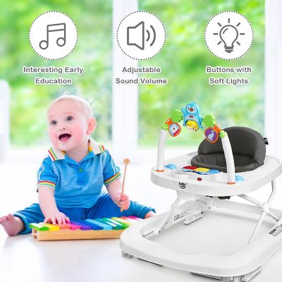2-in-1 Foldable Baby Walker w/ Adjustable Heights & Detachable Toy Tray Grey Image 2