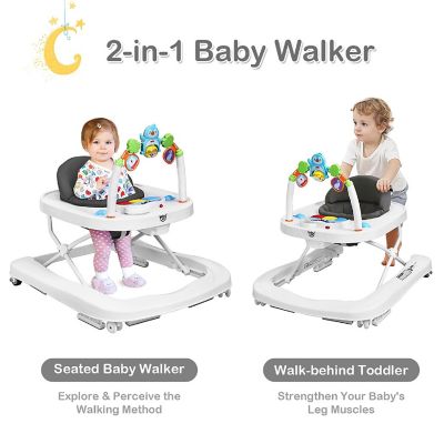 2-in-1 Foldable Baby Walker w/ Adjustable Heights & Detachable Toy Tray Grey Image 3