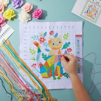 2 Pack, Fox and Cat Stamped Counted Cross Stitch, DIY Embroidery Beginner Kit with 11 CT Cloth, Needles &amp; Thread Image 1