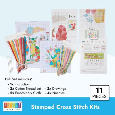 2 Pack, Fox and Cat Stamped Counted Cross Stitch, DIY Embroidery Beginner Kit with 11 CT Cloth, Needles &amp; Thread Image 2