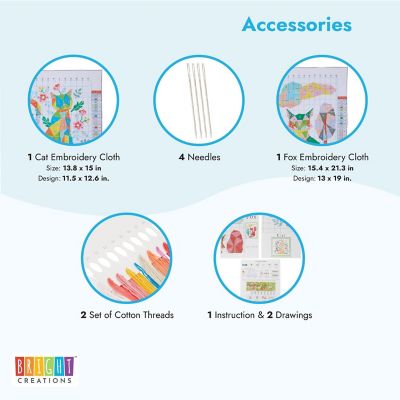 2 Pack, Fox and Cat Stamped Counted Cross Stitch, DIY Embroidery Beginner Kit with 11 CT Cloth, Needles &amp; Thread Image 3
