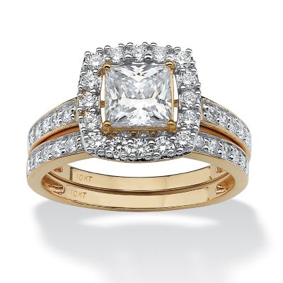 2 Piece 1.93 TCW Princess-Cut Cubic Zirconia Square Halo Bridal Ring Set in Solid 10k Gold-Size 10 Size 10 Image 1