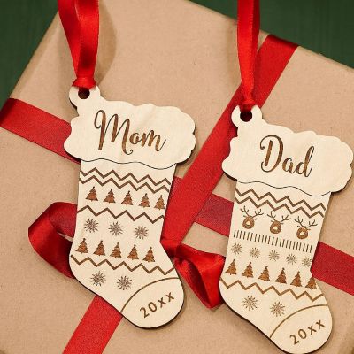 2 Wood Ornament Mom, Dad, Stocking Shape Image 1