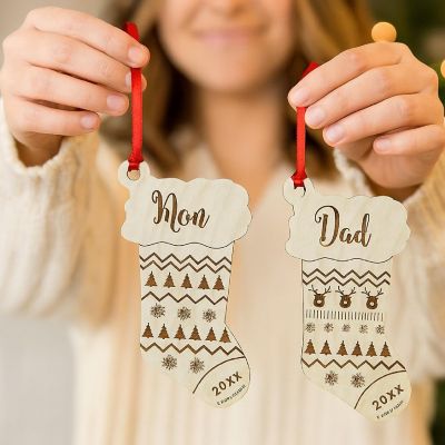 2 Wood Ornament Mom, Dad, Stocking Shape Image 2