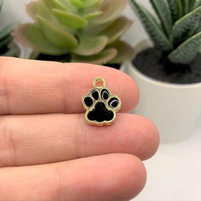 20 Black Enamel And Gold Dog Cat Paw Print Charms Image 1