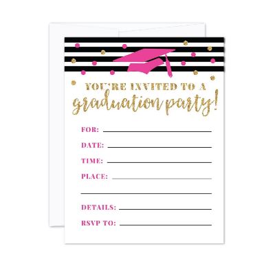20 Gld/Fuchsia Blk Graduation Invitation Image 1
