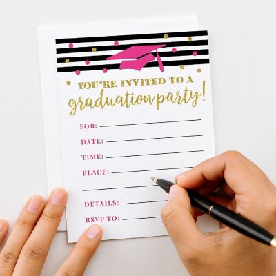 20 Gld/Fuchsia Blk Graduation Invitation Image 2