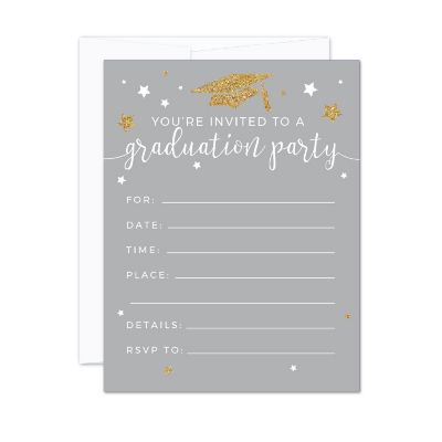 20 Gold/ Gray Graduation Invitations Image 1