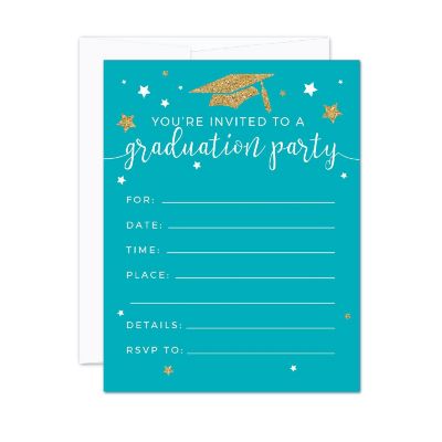 20 Gold/Aqua Graduation Invitations Image 1