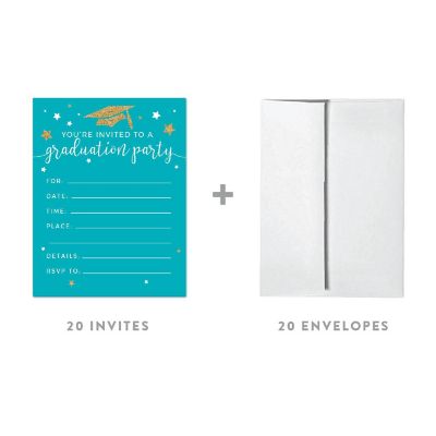 20 Gold/Aqua Graduation Invitations Image 1