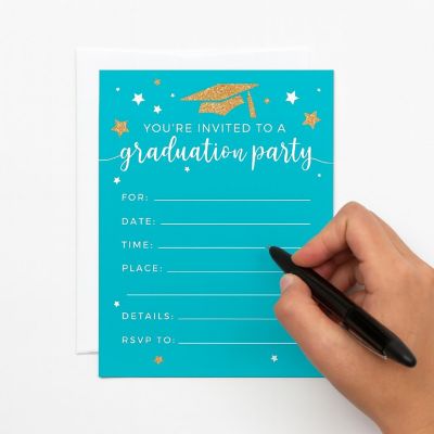 20 Gold/Aqua Graduation Invitations Image 2