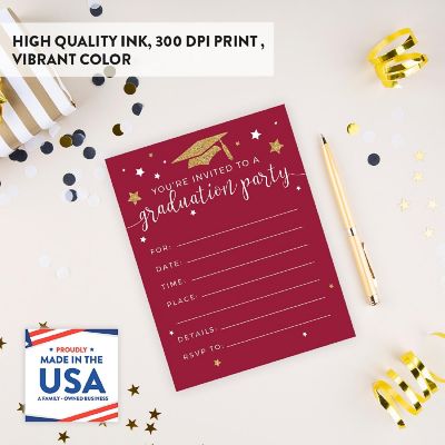 20 Gold/Burgundy Graduation Invitations Image 1