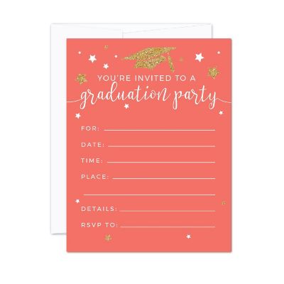20 Gold/Coral Graduation Invitations Image 1