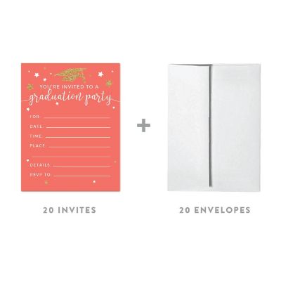 20 Gold/Coral Graduation Invitations Image 1