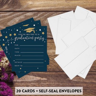 20 Gold/Navy Blue Graduation Invitations Image 1