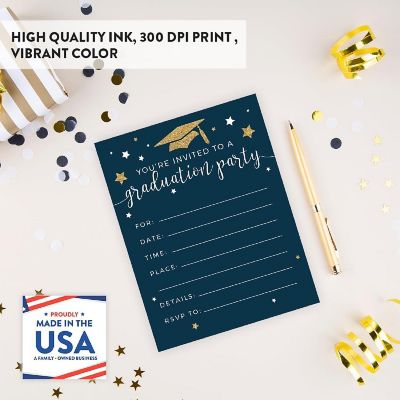 20 Gold/Navy Blue Graduation Invitations Image 2