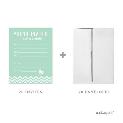 20 Mint Chevron Neutral Baby Invitations Image 1