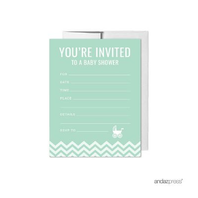20 Mint Chevron Neutral Baby Invitations Image 1