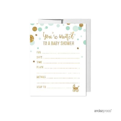 20 Mint Green Gold Glitter Invitations Image 1