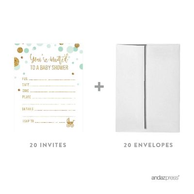 20 Mint Green Gold Glitter Invitations Image 1