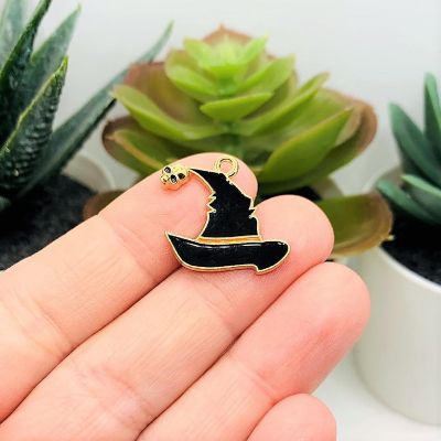20 Pcs Black Witch Hat Charms with Skull Image 1