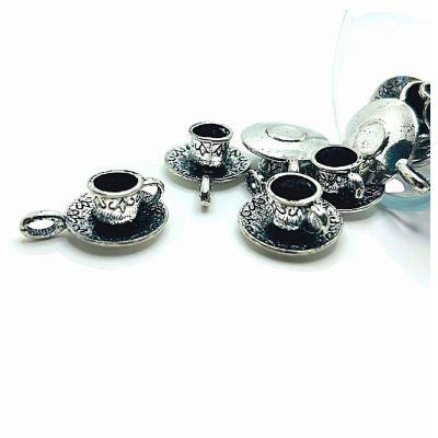 20 Pcs Silver Cup and Saucer 3D Charms Image 1