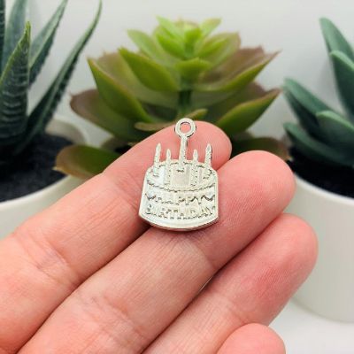 20 Pcs Silver Happy Birthday Cake Charms Image 1