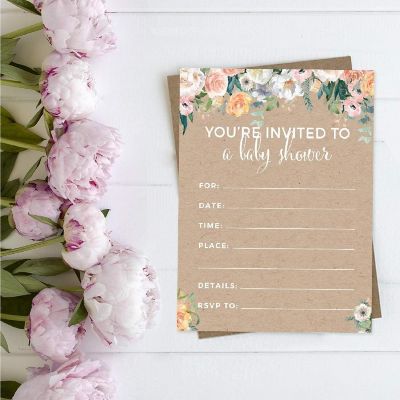20 Peach Kraft Brown Floral Invitations Image 1