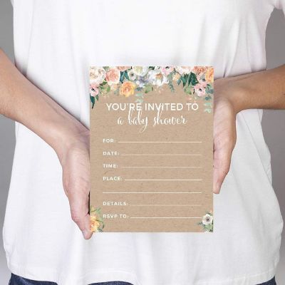 20 Peach Kraft Brown Floral Invitations Image 1