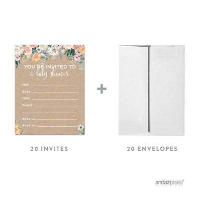 20 Peach Kraft Brown Floral Invitations Image 2