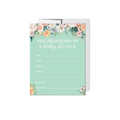 20 Peach Mint Floral Baby Invitations Image 1