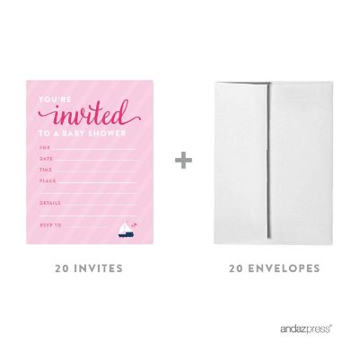 20 Pink Girl Nautical Invitations Image 1