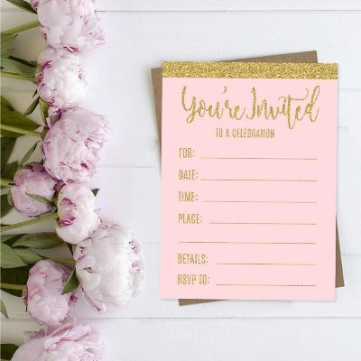 20 Pink Gold Glitter Party Invitations Image 1