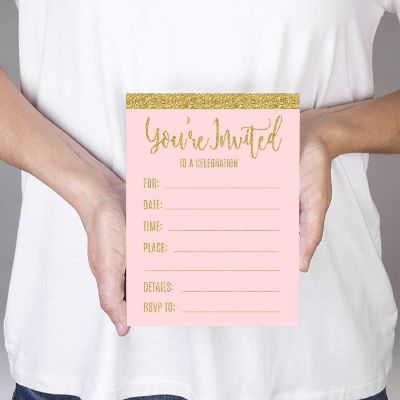 20 Pink Gold Glitter Party Invitations Image 1