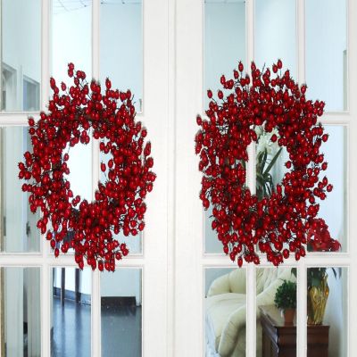 22" Hawthorn Berry Twig Wreath Captivating Valentine's Day Elegance Dazzling Decor, 2pcs Set Image 2