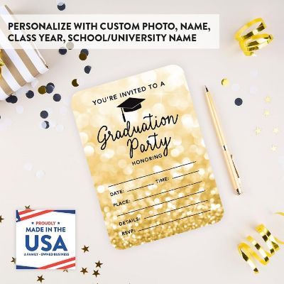 24 Graduation Invitations Gold Glitter Image 1
