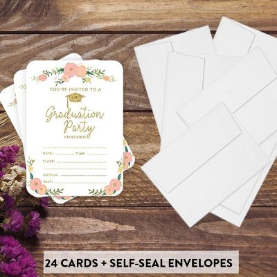 24 Graduation Invitations Peach Roses Image 1