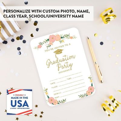 24 Graduation Invitations Peach Roses Image 1