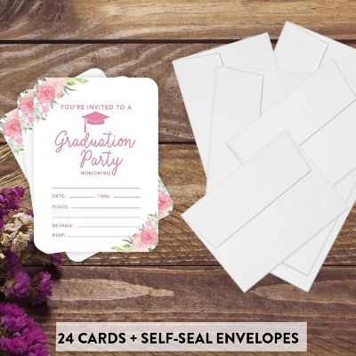 24 Graduation Invitations Pink Peach Roses Image 1
